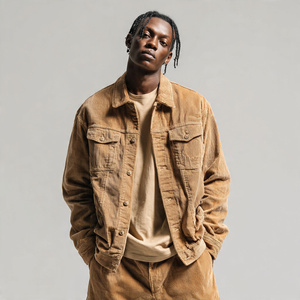 Veste de camionneur d'hiver pour homme, style streetwear, en velours côtelé chaud, boutonnée, avec doublure en sherpa, col montant, hauts en velours côtelé pour homme - Product Image 2