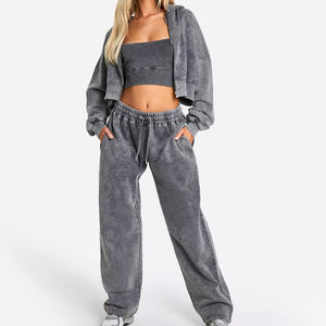 ชุดเซ็ตเสื้อฮู้ดครอปและกางเกงขายาวผ้าฝ้ายเฟรนช์เทอร์รี่เนื้อหนา ล้างสีแบบแอซิดวอช สำหรับผู้หญิง - Product Image 1