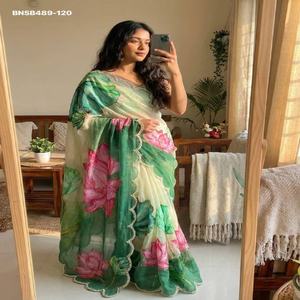 Sari en soie Tebby douce à motif numérique et travail manuel Moti, design Evergreen, fabricant de mode féminine de Surat au prix le plus bas - Product Image 1