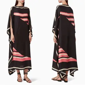 Exquisite Soft Silk Crepe Kaftan Eleve seu estilo com Regular Wear Fancy Dress e Beach Elegance Boat Neck Kaftan para as Mulheres