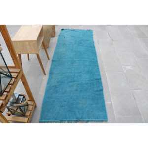 Alfombra Turca, Alfombra Vintage de 2.5x7.3 pies, Alfombra de Lana Ikat Azul Gris - Product Image 1