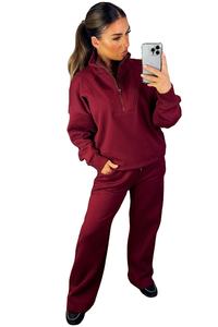 Custom Burgundy Women's Sweatshirt with Embroidery Half Zip Collar Ribbed Cuffs <b>Workout</b> <b>Hoodies</b> for Winter Season - Product Image 3