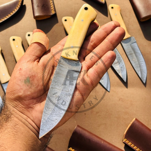 Bone Handle Damascus Steel Hunting Knife Handmade Fixed Blade 56HRC Hardness Drop Point Easy Carry OEM <b>Leather</b> Sheath - Product Image 6