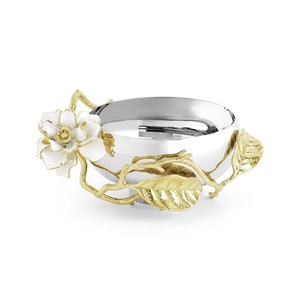 Golden Blossom Luxe Bowl Centro de mesa de plata con adornos florales dorados y detalles de hojas - Product Image 1