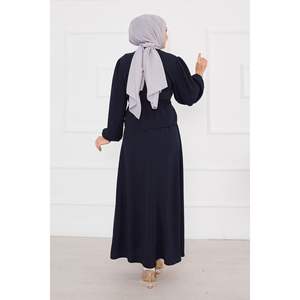 Navy Blue <b>2</b>-<b>Piece</b> Casual <b>Dress</b> Set Waist Pleated Hijab - Product Image 4