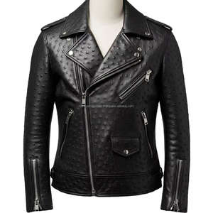 เสื้อแจ็คเก็ตหนังผู้ชายลายหนังนกกระจอกเทศสุดหรู งานแฮนด์เมด ของแท้ พรีเมียม เสื้อคลุมด้านนอกสีดำ ลายหนังนกกระจอกเทศ เสื้อแจ็คเก็ตนักขี่มอเตอร์ไซค์ - Product Image 2