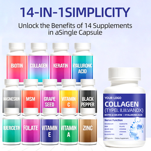 Complément alimentaire au collagène OEM ODM types I, II, <span class=keywords><strong>III</strong></span>, V, X, biotine, kératine, acide hyaluronique, 14-en-1, pour adultes, 60 capsules, en vrac - Product Image 5