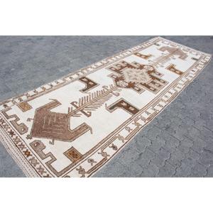 พรมวิ่งสไตล์ตุรกี ขนาด 4.4x12.8 ฟุต พรมวินเทจ พรมขนสัตว์ลายดอกไม้สีขาวน้ำตาล - Product Image 3