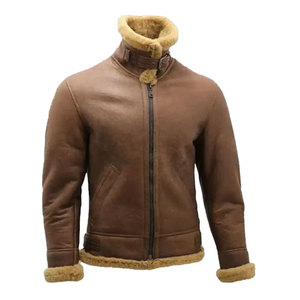 Premium <b>Men's</b> Brown Genuine Leather <b>Shearling</b> <b>Jacket</b> Turn Down Collar Zip Closure Winter Warm Fur Lined Coat - Product Image 2