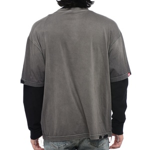 Men's 100% Cotton Acid Wash T-Shirt Loose Fit Double Layer Long Sleeve <b>Mock</b> <b>Neck</b> Tee High Quality Street Wear with Solid Pattern - Product Image 2