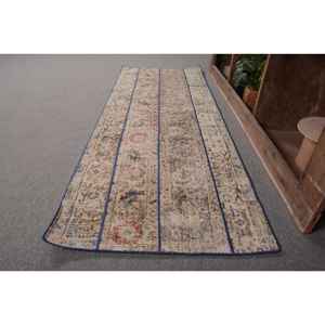 Alfombra de lana turca Vintage de 2,3x6,3 pies, tejido plano de retazos beige y azul para decoraciones de sala de estar con respaldo de látex - Product Image 2