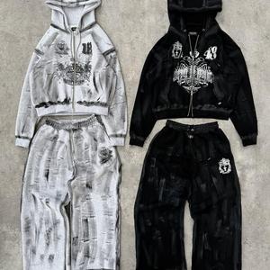 2025 hombres diseño personalizado ácido lavado chándal grueso cremallera bordado parche acampanado completo chándal con capucha y pantalón de chándal conjunto para hombres - Product Image 1