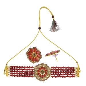 Indian Traditional Choker Necklace <b>Floral</b> Faux Pearl Beaded Multi Layered Crystal Wedding Manufacture Stud Earring Set, Maroon - Product Image 5