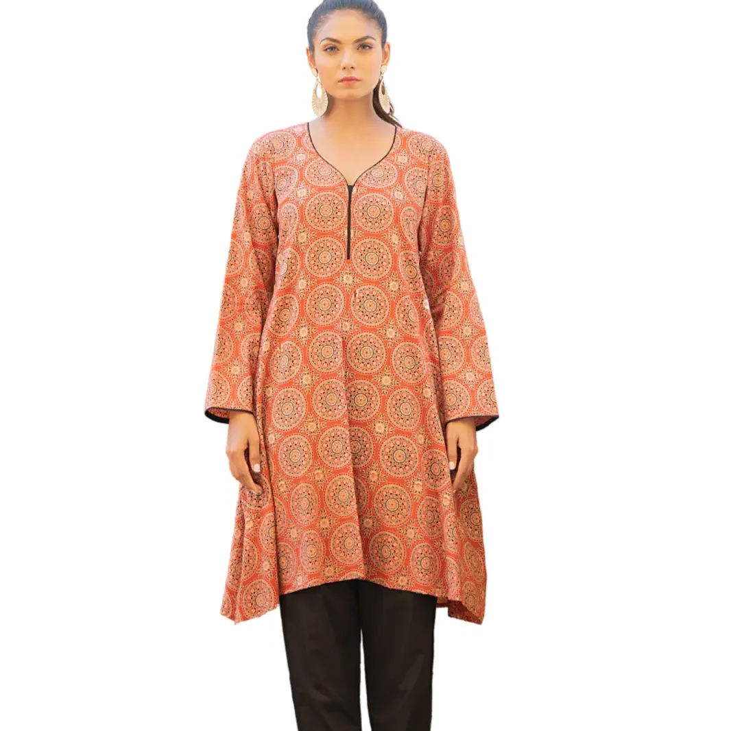 Ajrak Print Burnt Orange Bell Sleeves Kurta with Black Beauty Pant Burnt Orange Neck Detailing Kurta with Black Beauty Pant Set