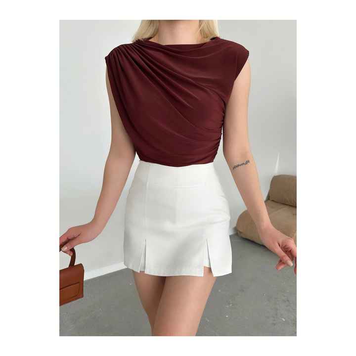 Women's Blouse - Sandy Fabric - Cross Gather Detail Sleeveless Luxury Blouse