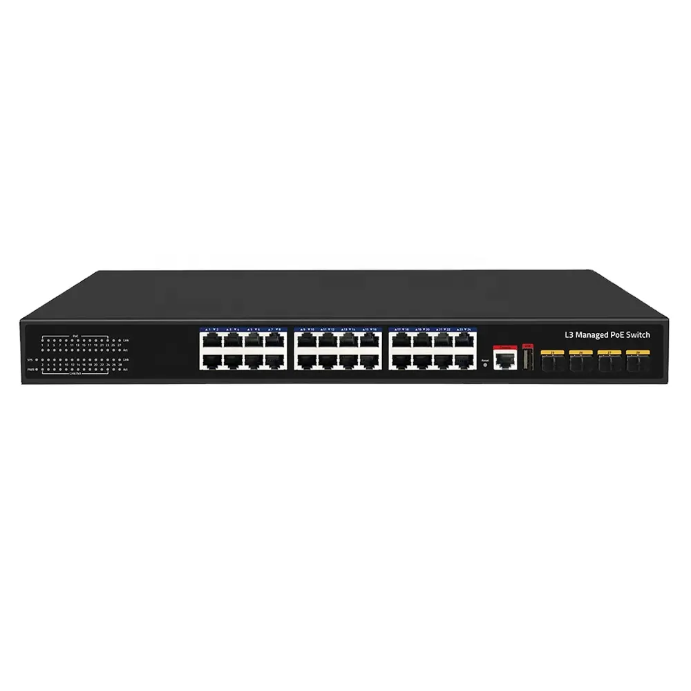 Port 10G SFP + Uplink IEEE 802, 3af/at 400W L3 + terkelola jaringan Poe Switch performa tinggi 24 Port Gigabit dan 4 stok 95.23mpps