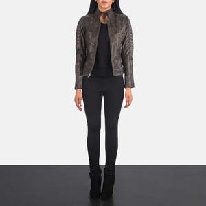 Adalyn Ladies Quilted Distressed Brown Leather Biker <b>Jacket</b> Winter <b>Western</b> Bomber Style Fringed Custom Polyester Cotton XL - Product Image 3