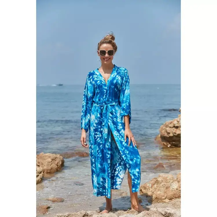 Yaz tatil yeni bak mavi kravat boya plaj Cover Up seksi mayo Rayon Midi uzunluk Kimono elbise kadınlar için