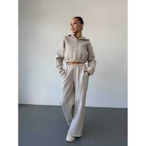 Womens Light <b>Pink</b> Full Zip <b>Tracksuit</b> Heavyweight Hooded Jacket And Matching Wide-Leg Trackstar OEM Private Label - Product Image 5