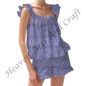 Conjunto de pijama de pantalones cortos de algodón con estampado de bloque indio, ropa de descanso, Primavera/Verano, conjunto de pijama con mangas ajustadas florales con volantes y tiras - Product Image 4