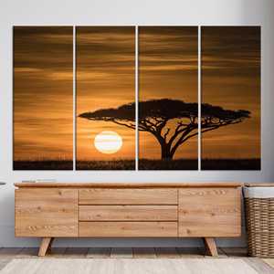 Lienzo impreso Serengeti Sunrise: decoración de pared con paisaje africano, juego de 4 lienzos - Product Image 1