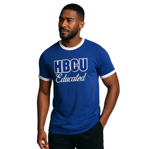 HBCU Educated Men Chenille Contrast <b>Trim</b> Ringer T Shirt Blue with White Embroidered Letters Soft Cotton Collegiate Apparel - Product Image 1