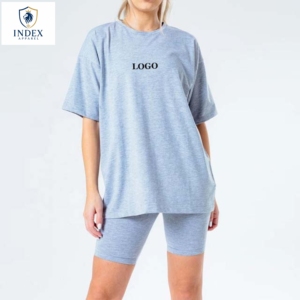 Conjunto de 2 Piezas de Ropa Index Apparel para Mujer, Shorts de Algodón Tejido, Cuello Redondo, Manga Corta, Corte Holgado, Color Sólido, Estilo Casual para Primavera/Verano - Product Image 1