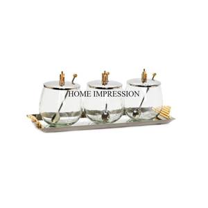 Ensemble de 3 bols en verre transparent transparent avec couvercle supérieur en acier inoxydable poli argenté et brillant et plateau design unique - Product Image 1