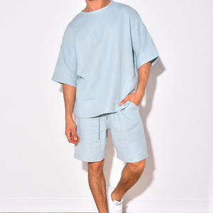 Novedad de verano, conjuntos de pantalones cortos informales para hombre, camiseta de manga corta de Terry con estampado sólido de Color lavado, pantalones cortos, conjunto de chándal de 2 piezas para hombre - Product Image 1