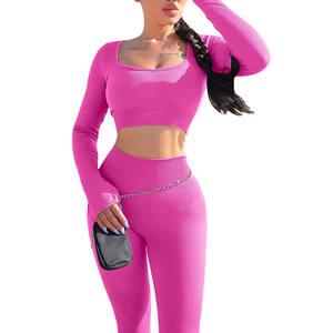Huzafa, conjunto de Yoga de dos piezas de manga larga para mujer, ropa activa, sujetador y mallas de yoga sin costuras con patrón sólido, nuevo producto - Product Image 3