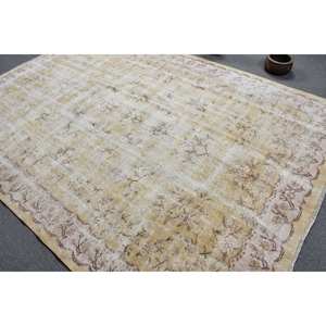 Alfombra de lana Beige Vintage, alfombra de tejido plano turco de 7x9 pies con patrón de retazos de respaldo de látex para decoraciones de sala de estar - Product Image 4