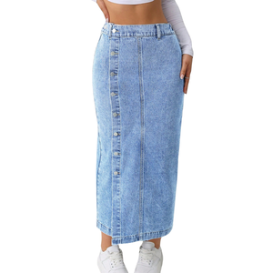 Jupe longue en jean tissé bleu clair pour femme, taille haute, boutonnée sur le devant, fente latérale, coupe droite décontractée, pour l'été et l'automne, usage quotidien - Product Image 1