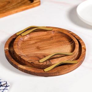 Natural Acacia Wood Round Serving <b>Tray</b> with <b>Gold</b> Metal Handles Decorative Wooden Pizza Board Platter for Food Fruit Coffee Table - Product Image 3