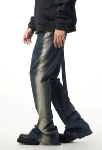 Modern <b>distressed</b> Men's Flared Pants Washed Slim Denim Pants Mid Waist Jeans Versatile Casual Straight Leg Button fashion - Product Image 3