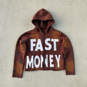 Écologique Personnalisé Élégant Vibrant Acid Washed Distressed Patches Brodés Cropped Zip-Up Hoodie pour Hommes - Product Image 4