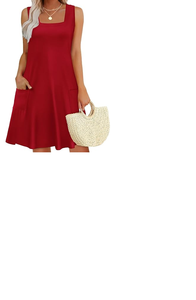Robe de plage sans manches à col carré pour femme en rouge avec ourlet droit court coupe régulière et tenue d'été décontractée - Product Image 2