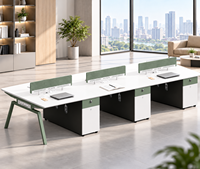Bureau de travail pour six personnes avec rangements et cloisons d'intimité, mobilier moderne pour espaces de travail en open space