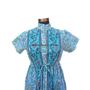 Robe longue en coton imprimé floral à col roulé et manches courtes, tricotée, écologique, moderne, simple, style décontracté pour le jardin et l'extérieur - Product Image 2