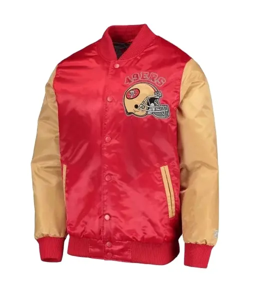 Jaket Bomber Satin Merah dan Emas Pria, Jaket Bomber Rajutan Penutup Kancing Warna Merah dan Emas NFL Mode Musim Gugur