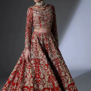 2025 @ Blusa granate nupcial para mujer, Lehenga & Dupatta con manga larga con Dabka adornado, piedra, trabajo de cuentas de cristal - Product Image 1