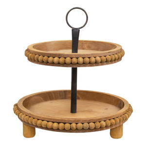 Plateau en bois Offre Spéciale à 2 niveaux avec poignée en métal finition naturelle vaisselle en bois d'acacia support à gâteau forme ronde plateau de décoration de fruits - Product Image 1
