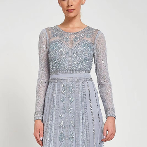 Vestido de Noche Largo Elegante Plateado para Mujer, Bordado con Decoración de Perlas, Tela Crepé, Cintura Natural, para Fiestas y Ocasiones Especiales - Product Image 1