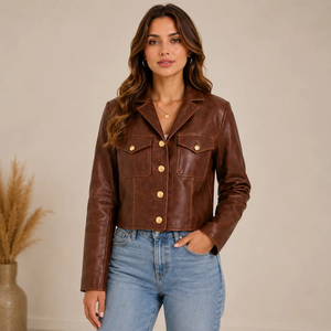 Premium <b>Women's</b> <b>Vintage</b> Brown Cow <b>Leather</b> Trucker <b>Jacket</b> Cropped Fit Gold Button Front Flap Chest Pocket Luxury Streetwear - Product Image 1