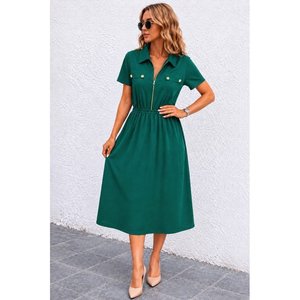 Robe longue en viscose à manches courtes, col zippé, deux fils, avec détails de poches décoratives, 35358 - Vert - Product Image 3