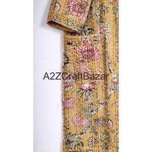 Classy Kantha <b>Kimono</b> <b>Jacket</b> Quilted Hand Printed Cotton Elegant Festive Wear Breathable Long V-neck Drawstring Closure Floral - Product Image 2