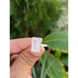 925 Silver Rainbow Moonstone Ring Dainty Geometric Gemstone Marquise Cut with Rhodium Plating Rhodium Set Engagement Ring - Product Image 2