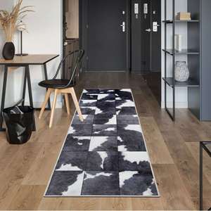 Faux Hide Patchwork <b>Rug</b> <b>Black</b> and White-Machine Made Polyester Hallway Carpet - Product Image 2