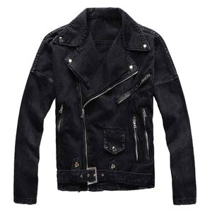 Veste en jean noire pour homme avec fermetures éclair, style motard, streetwear, denim épais, coupe slim avec ceinture, haute qualité - Product Image 1