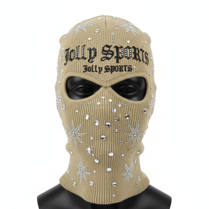 Women Knit Balaclava 330 GSM Soft Stretch Fabric Beige Color With Rhinestone Hotfix Design And CustomLogo High Quality balaclava - Product Image 1