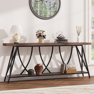 <span class=keywords><strong>Console</strong></span> d'entrée <span class=keywords><strong>rustique</strong></span> en bois, table de canapé à structure métallique stable avec pieds réglables, table de couloir à 2 niveaux pour la maison et l'hôtel - Product Image 1
